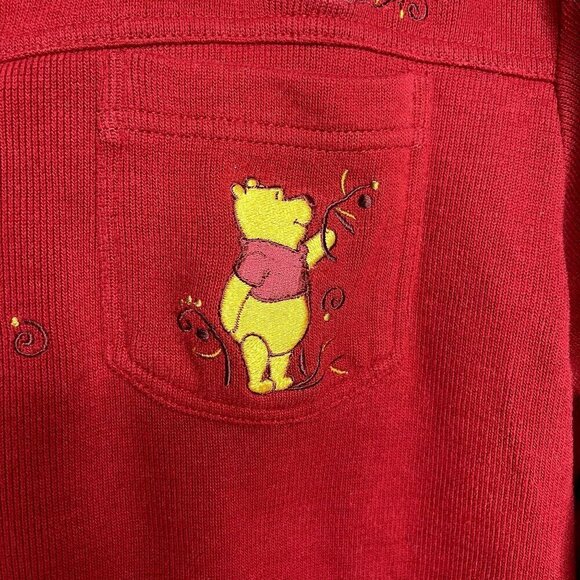 Disney Womens Winnie the Pooh Piglet Embroidered Ribbed Sweater SZ L Red Button - Picture 3 of 12
